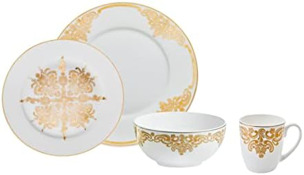 Godinger Dinnerware with Salad/Dessert Plate, Dinner Plate, Coffee Mug and Bowl, Porcelain 20th Century Baroque 16 Piece Set White by Godinger