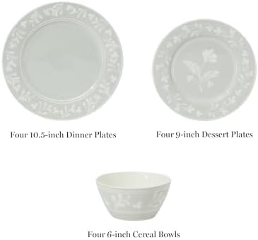 Martha Stewart Dinnerware Set - Maiden Crown 12-Piece Dish Set, Sage Green – New Bone China Ceramic Plates & Bowls – Floral Design – Service for 4 – Microwave & Dishwasher Safe - Image 3