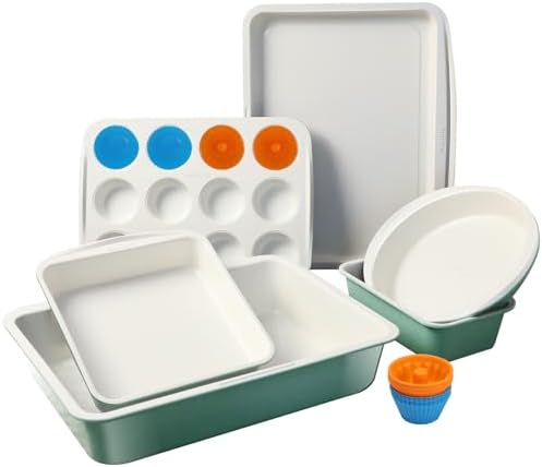 Ceramic Nonstick Baking Pans Set, Non Toxic 30 PCS Stackable Bakeware Sets, 550°F Oven Safe Baking Sheet & Pans, Warp-Free, Dishwasher Safe, PTFE/PFOA/PFOS-Free (Green) by Ymiton