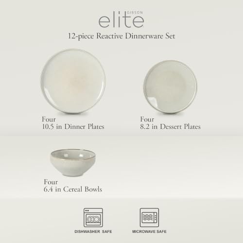Gibson Elite White Sands Plates and Bowls Sets, 12-Piece Stoneware Dinnerware Sets, Reactive Glaze Dish Set - Moonstone White - Image 2