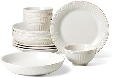 Lenox French Perle Groove White Stoneware Dinnerware Set with Dinner Bowls by Lenox