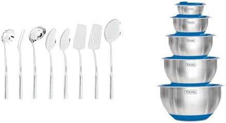 Viking Culinary 304 Stainless Steel Kitchen Utensil Set, Ergonomic Stay-Cool Handles & Culinary Stainless Steel Mixing Bowl Set, 10 piece, Non-slip Silicone Base by Unknown