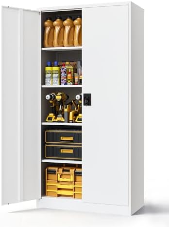 Metal Cabinet,71" Lockable Storage Cabinet with 2 Doors and 5 Adjustable Shelves,Tall Steel Cabinets for Garage,Home Office,Basement,School,Hospital(White) by LISSIMO