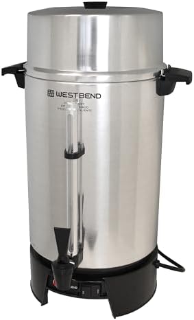 West Bend Commercial Coffee Urn Highly-Polished Aluminum NSF Approved Features Automatic Temperature Control Large Capacity with Cup Per Minute Brewing and Easy Clean Up, 100-Cup, Silver by WestBend