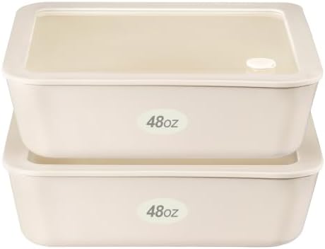 Urban Green Ceramic Coated Glass Food Storage Container with Airtight Glass Lid, Large Rectangle Meal Prep Container, 48oz, Microwave and Oven Safe Non-Toxic Lunch Box, Cream color by LiveaLifeEasierandGreener