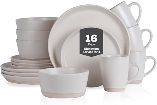 Stone Lain Jules Stoneware 16-Piece Dinnerware Set, Plates and Bowls, Service for 4, Off White, Microwave & Dishwasher Safe by Unknown