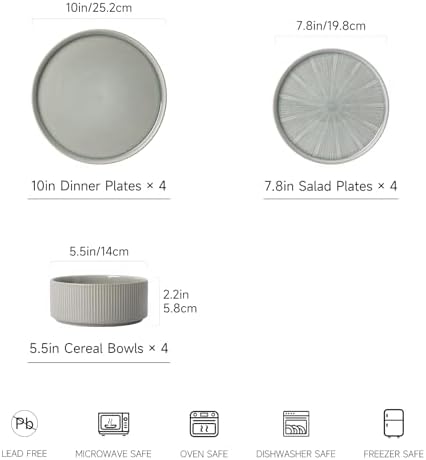 Stoneware Dinnerware Sets for 4, 12-Piece Plates and Bowls Set, Light Green - Image 3