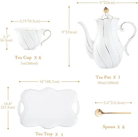 DUJUST 20 pcs Tea Set of 6 with Tea Tray & Spoons, Luxury British Style Tea/Coffee Cup Set with Golden Trim, Beautiful Porcelain Tea Set for Living Room Decor, Tea Party Set, Gift Package - White - Image 4
