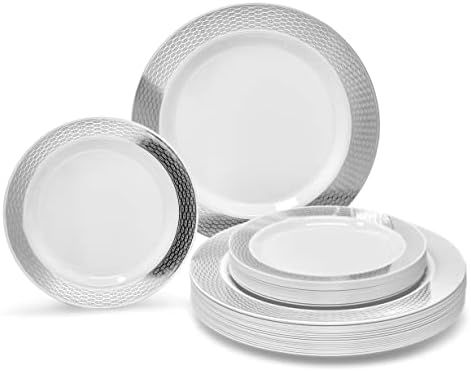 OCCASIONS 100 Plates Pack,(50 Guests) Heavyweight Premium Wedding Party Disposable Plastic Plates Set -50 x 10.5'' Dinner + 50 x 7.5'' Salad/Dessert (Diamond White & Silver) - Image 7