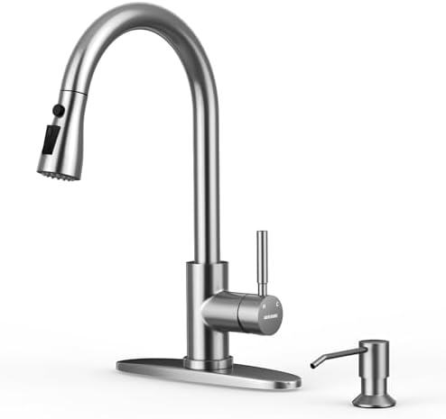 WEWE Kitchen Faucet with Soap Dispenser, Brushed Nickel Pull-Down Sprayer by WEWE