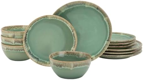 Tabletops Gallery Tuscan Collection Reactive Glaze 12 Piece Stoneware Dinnerware Set Dining Kitchen Tableware Plates Bowls Service for 4, Teal Green by TabletopsGallery