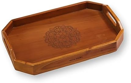 Vesta Homes Extra Large Wooden Serving Tray for Home, Kitchen, Breakfast, Restaurant, Office Organizer, Dining Table | Premium Acacia Wood |18 * 12 * 3 Inches | Handcrafted in India by VESTAHOMES