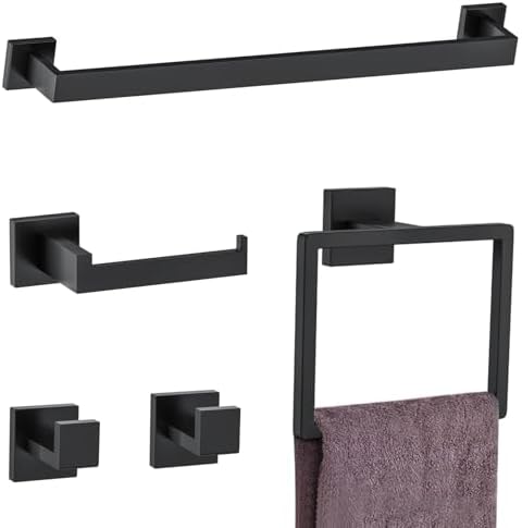 5 Pieces Towel Bar Set Matte Black Bathroom Hardware Accessories Set Include Towel Rack TP Holder Towel Ring Coat Hooks Stainless Steel Wall Mounted Towel Holder Set for Bathroom,23.6 in by Woekme