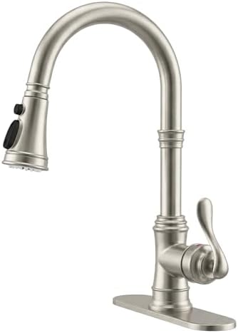 BWE Solid Brass Brushed Nickel Pull Down Kitchen Faucet for Farmhouse RV by BWE