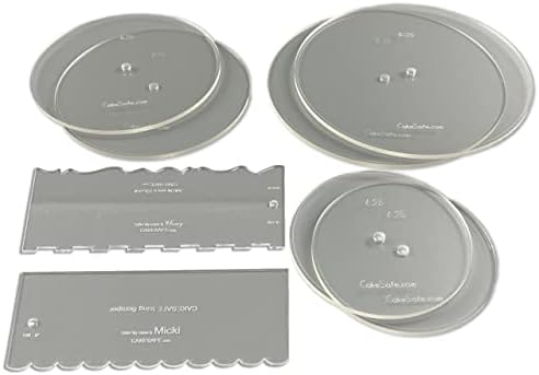 CAKESAFE Essential Cake Decorating Acrylic Disk Kit - 3 Sets - Round 6.25", 8.25", 10.25" Disk Sets (2 disks per size), 2-8" Icing Scrapers with 1 Scraper Edge and 3 Cake Comb Patterns by CAKESAFE