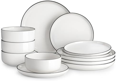 MALACASA Plates and Bowls Sets, 12 Pieces Modern Porcelain Dinnerware Set for 4 White Kitchen Dinner Dining Ware Set wtih Black Rim Ceramic Dishware Dishes Microwave and Dishwasher Safe, Series LUNA by MALACASA