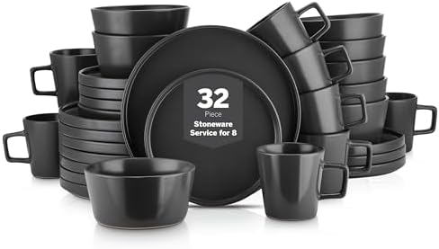 Stone Lain Celina Stoneware 32 Piece Modern Dinnerware Set, Plates and Bowls, Black Matte, Service for 8, Microwave & Dishwasher Safe by Unknown
