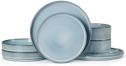 LIANYU Dinnerware Plates and Bowls Dishes Set, 8 Piece Elegant Stoneware Sets with Pasta Bowls for 2, Modern Ribbed Ceramic Dining Ware for Restaurant Wedding, Dishwasher Safe, Slate Blue by LIANYU