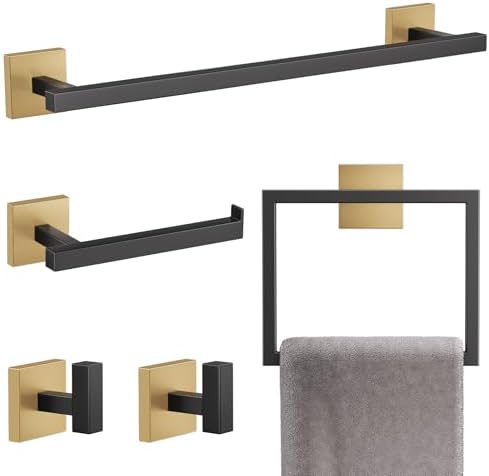 YACVCL Towel Bar Set, 5-Piece Black and Gold Bathroom Hardware Set, Black&Gold Bathroom Accessories Set, SUS304 Stainless Steel 23.6 Inch Towel Holder Towel Racks Set Wall Mounted by YACVCL