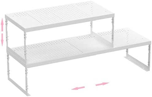 Stackable Expandable Metal Shelf Organizer - Adjustable Wire Storage Rack with Holes for Kitchen, Bathroom, Cabinet, Office - Space Saving, Durable & Sturdy Design（2PACKS/Large/White by HOMEPAGE