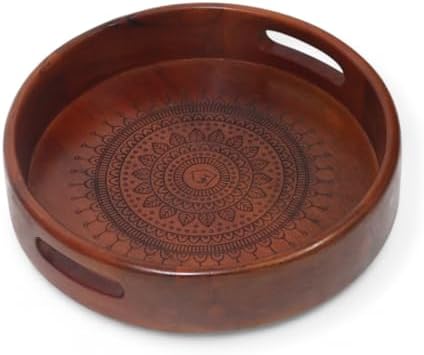 Vesta Homes Premium Wood Round Serving Tray for Home/Kitchen/Restaurant/Office Organizer/Dining Table | Premium Serving Trays | 30.5 x 30.5 x 5 cm | Handcrafted in India by VESTAHOMES