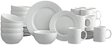 Pfaltzgraff Sylvia Dinnerware Set 32-Piece Service for 8 - White Porcelain Dinner Plates, Salad Plates, Soup Bowls and Mugs with Embossed Scrollwork by Pfaltzgraff