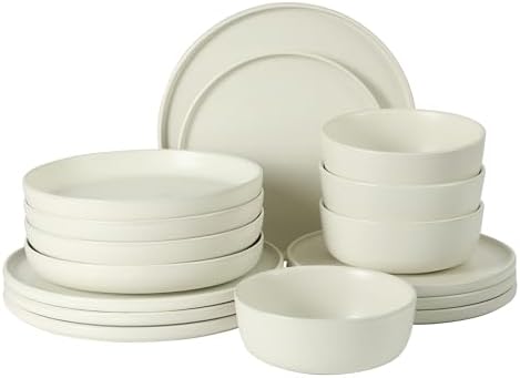 Gibson Elite Bayou Moon Plates and Bowls Sets, 16-Piece White Matte Stoneware Dinnerware Sets, Solid Color Reactive Glaze Dish Set by GibsonHomewares