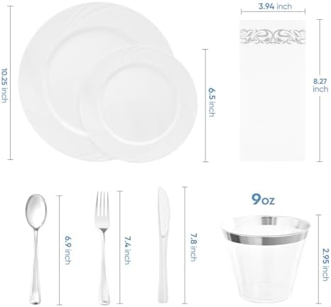 350-Piece White Swirls Plastic Dinnerware Set for 50 Guests, Elegant Disposable Dinnerware for Party, Wedding. Includes 10.25" Dinner Plates, 6.5" Dessert Plates, Silverware, Napkins, Cups - Image 3