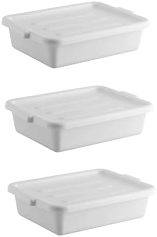 3-Pack 20" x 15" x 5" Commercial Bus Tub/Bus Box - 6.5 Gallons with Lid - Stackable Dish Storage Boxes for Home Kitchen, Pantry, or Garage Organization – Heavy-Duty and Freezer-Safe - White by SunSierra
