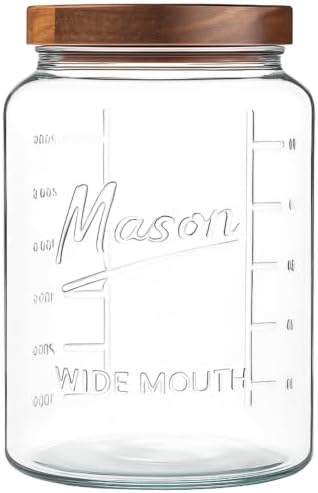 kitchentoolz Extra Large Mason Jar - 1 Gallon Glass Wide Mouth Jar with Airtight Wooden Lid, Food Storage Container with Measurement Markings For Kitchen Pantry, Pickling, Cookies, Flour & Sugar by KITCHENTOOLZ