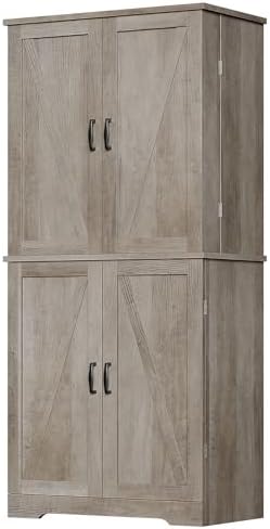 Vongrasig Kitchen Pantry Storage Cabinet with Barn Doors, Drawer and Adjustable Shelves, 6-Tier Tall Rustic Wood Cupboard Locker for Kitchen, Dining Room, Living Room, Bathroom, Rustic Grey - Image 4