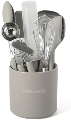 Calphalon Edge 10-Piece Kitchen Utensil Set with Crock, Stainless Steel and Silicone Cooking Tools, Nonstick-Safe Utensils with Comfortable Handles, Taupe by Calphalon