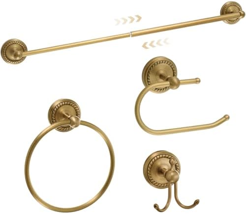 4 Pcs Antique Brass Gold Bathroom Accessories Set Wall-Mounted Towel Rack & Towel Ring & Toilet Paper Holder & Robe Hook, Wall Mounted Brass Vintage Bath Hardware Fixture Set(Style 5) by Otoolling