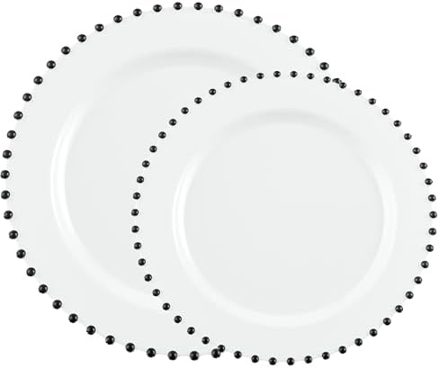 PLASTICPRO 64 Piece Combo Plastic Dinner Plates Disposable Plastic Fancy Heavy Duty Party Dishes 7 inch and 10 inch, White and Black Beaded - Image 7