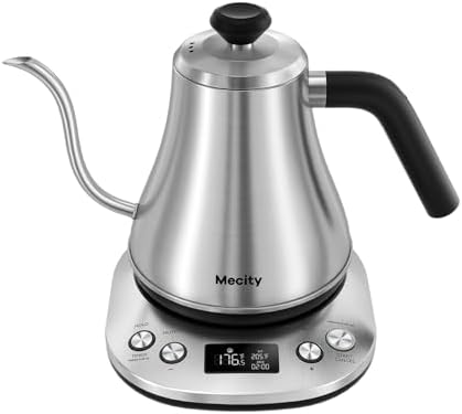 Mecity Electric Gooseneck Kettle With LCD Display Automatic Shut Off Retro Coffee Kettle Temperature Control Hot Water Boiler to Pour Over Tea, 1200 Watt Quick Heating Tea Pot, 0.8L, Stainless Steel by Mecity