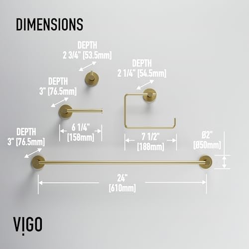 VIGO Cass 4 Pieces Bathroom Hardware Set, 24 inch Towel Bar, Hand Towel Holder, Robe Towel Hook, Toilet Paper Holder Wall Mounted, Stainless Steel Bath Accessory Set Matte Brushed Gold Finish - Image 5