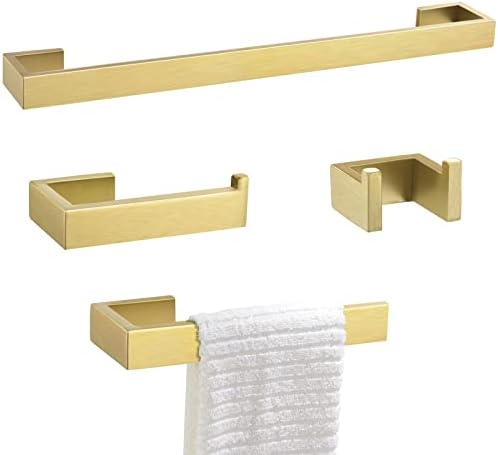 Gold Towel Bar Set 4 Pieces Bathroom Hardware Set Wall Mounted Stainless Steel,Towel Bar+Towel Holder+Towel Hook+Toilet Paper Holder,23.6 inch by TNOMS