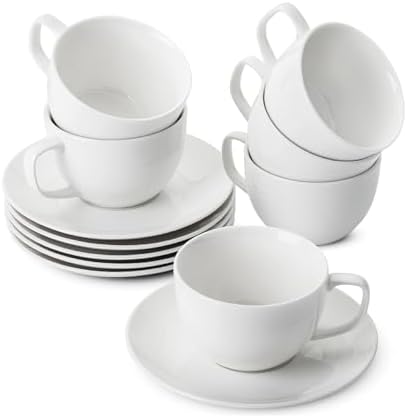 BTaT- Cappuccino Cups with Saucers 6 oz, Set of 6, White Porcelain Coffee Cup and Saucer Set for Latte, Mocha, Tea, Au Lait, Flat White, Dishwasher, Microwave, Freezer and Oven Safe by BrewToATea