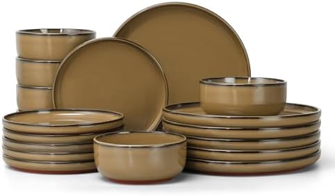 E-far Stoneware Dinnerware Sets for 6, 18 Pieces Reactive Glaze Plates and Bowls Sets, Elegant Dishes with Rustic Terracotta Clay Base, Dishwasher & Microwave Safe, Scratch Resistant, Deep Camel by E-far