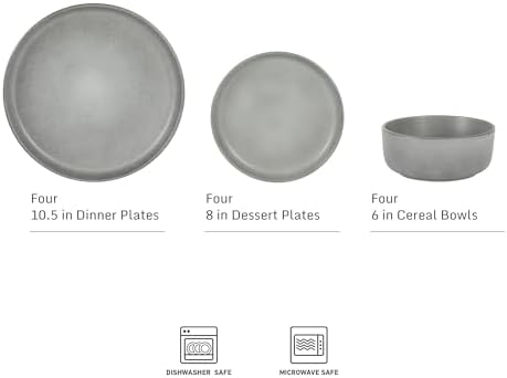 Gibson Elite Pasco 12 Piece (Service for 4) Plates and Bowls Reactive Glaze Dishes Stoneware Ceramic Dinnerware Set - Grey - Image 2