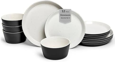 Sango 12-Piece Stoneware Dinnerware Set for 4, Modern White & Black Plates and Bowls Sets with Speckled Glaze, Durable Kitchen Ceramic Dish Set, Microwave & Dishwasher Safe Everyday Dishes, Stockholm by Sango