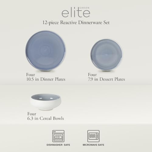 Gibson Elite Pacifco Beach Plates and Bowls Sets, 12-Piece Stoneware Dinnerware Sets, Reactive Glaze Dish Set - Blue - Image 2