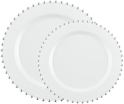 PLASTICPRO 128 Piece Combo Plastic Dinner Plates Disposable Plastic Fancy Heavy Duty Party Dishes 7 inch and 10 inch, White and Silver Beaded - Image 7