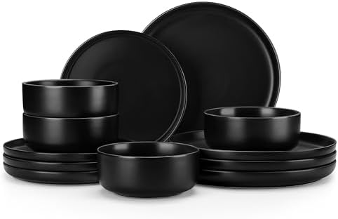 MALACASA 12 Pcs Porcelain Plates and Bowls Sets,Dinnerware Set for 4,Black by MALACASA