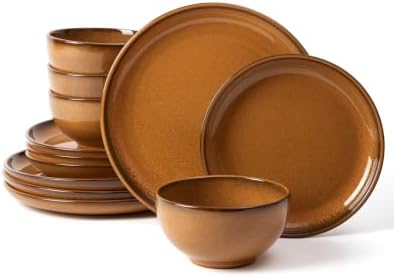 Pokini Stoneware Dinnerware Sets for 4, 12pcs Plates and Bowls Sets Dishes by Pokini