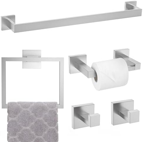 Brushed Nickel Towel Bar Set,5-Piece Bathroom Hardware Set Includes Upgraded Double Base Paper Towel Holder Modern Square Towel Holder Set,Stainless Steel Wall Mount 23.6 Inch by TNOMS