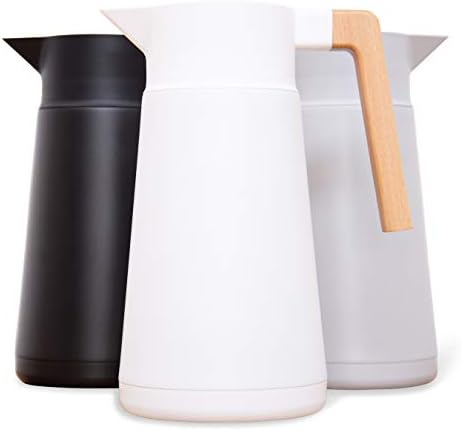 Thermal Coffee Carafe Brews Up to 68 Oz Insulated, Beechwood Handle, White by HastingsCollective