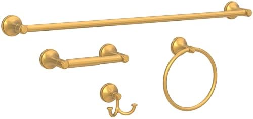 Franklin Brass Woodruff 4-Piece Bathroom Set Satin Gold 18" + 6" Towel Rack, Toilet Paper Holder, Hand Towel Holder, Hook | 4-Piece Bath Hardware Accessories Set WDRF64-SG by Unknown