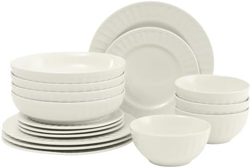 Gibson Home Melbourne White Plates and Bowls Set, 16 Piece Embossed Ceramic Dinnerware Set - Service for 4 Dishes - With Pasta Bowl by GibsonHomewares