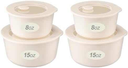 Urban Green Ceramic Coated Glass Food Storage Containers with Airtight Glass Lids, Small Round Meal Prep Container Set for Snacks, Sauces, 8oz and 15oz, Cream color by LiveaLifeEasierandGreener